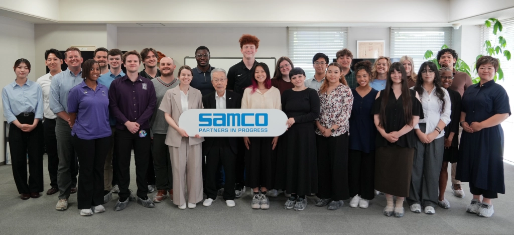 Commemorative group photo taken with University of Central Arkansas (UCA) students with Samco Founder and CEO Dr. Osamu Tsuji, during their visit to Samco on May 19th, 2026.