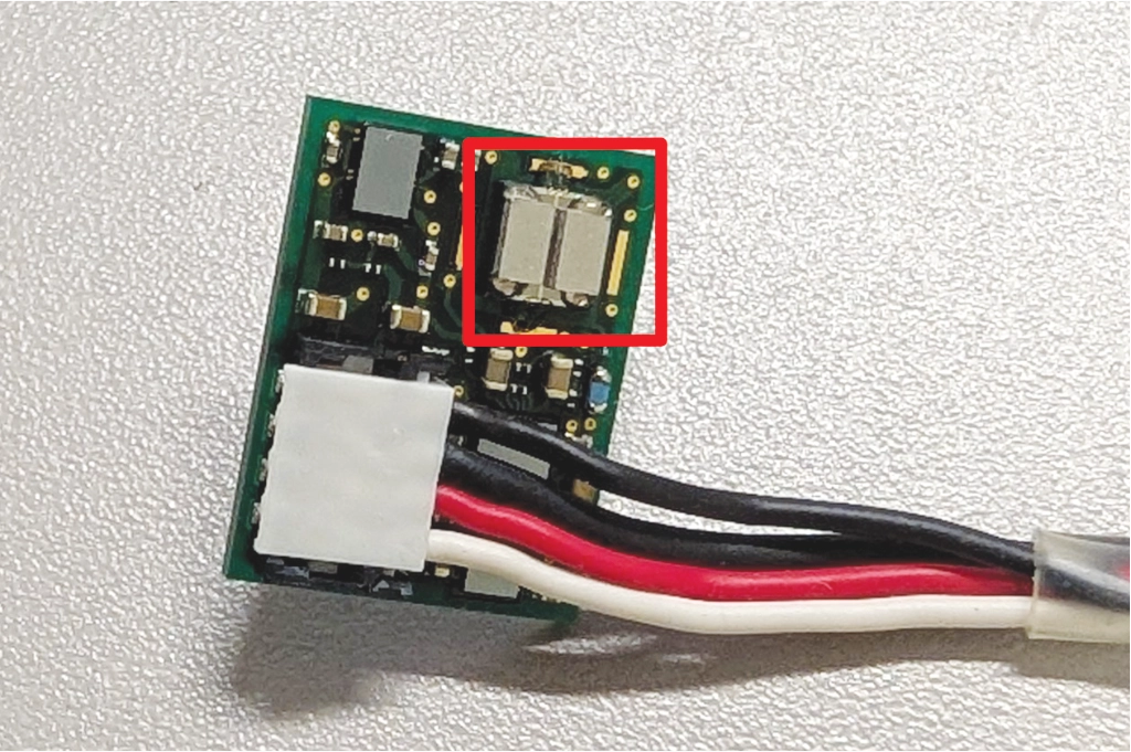 Actual TMR sensor. The chip highlighted in red measures approximately 3 mm × 3 mm.